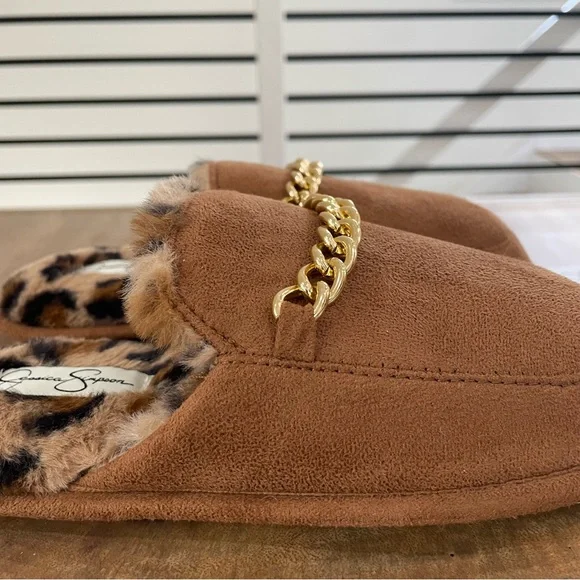 S M L NWT Jessica Simpson brown and gold fuzzy slippers with cheetah print - Picture 4 of 13